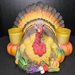 Large Resin Thanksgiving Colorful Turkey Centerpiece With 2 Candle Holders 2 LED